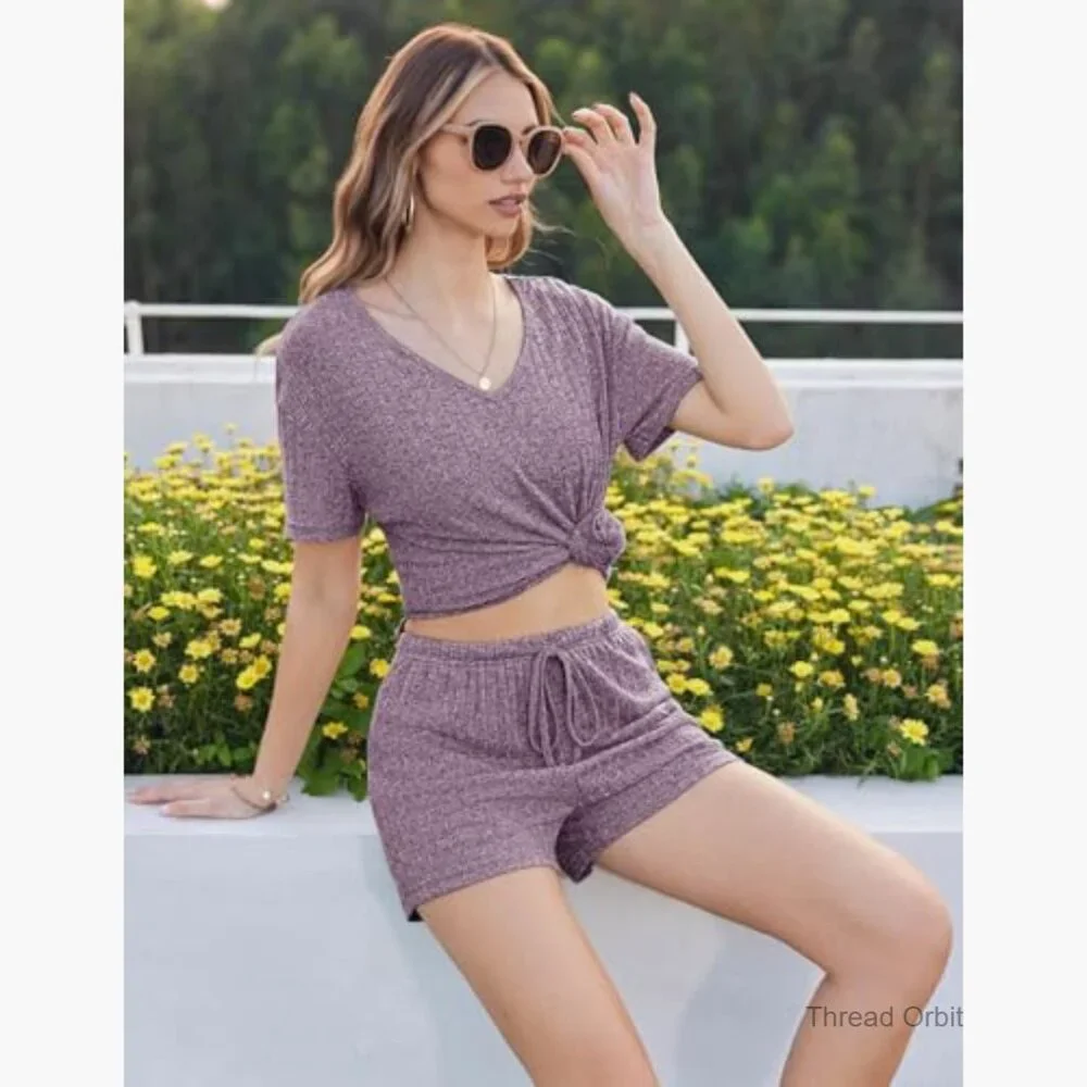 Large Ribbed Knit Lounge Set Short Sleeve V-Neck Top and Drawstring Shorts_3